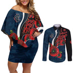 Carlton Blues ANZAC Personalised Couples Matching Off Shoulder Short Dress and Long Sleeve Button Shirt Lest We Forget Poppy Camo