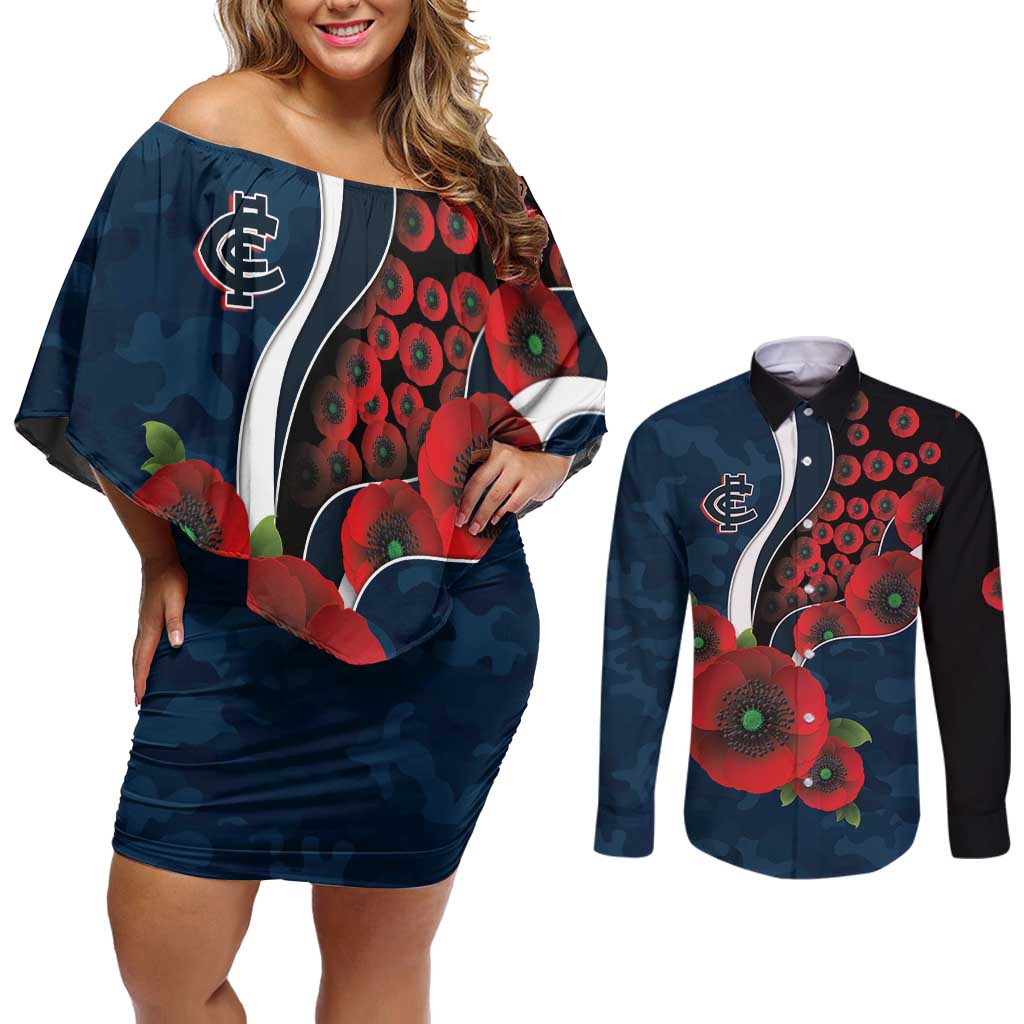 Carlton Blues ANZAC Personalised Couples Matching Off Shoulder Short Dress and Long Sleeve Button Shirt Lest We Forget Poppy Camo