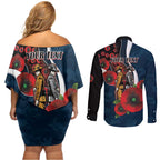 Carlton Blues ANZAC Personalised Couples Matching Off Shoulder Short Dress and Long Sleeve Button Shirt Lest We Forget Poppy Camo