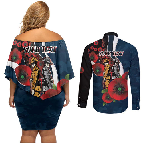 Carlton Blues ANZAC Personalised Couples Matching Off Shoulder Short Dress and Long Sleeve Button Shirt Lest We Forget Poppy Camo