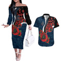 Carlton Blues ANZAC Personalised Couples Matching Off The Shoulder Long Sleeve Dress and Hawaiian Shirt Lest We Forget Poppy Camo