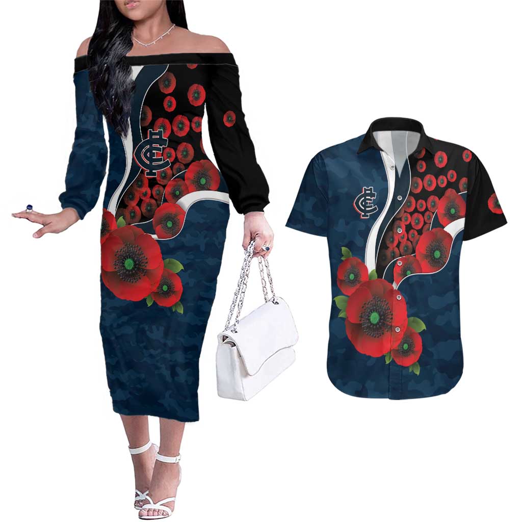 Carlton Blues ANZAC Personalised Couples Matching Off The Shoulder Long Sleeve Dress and Hawaiian Shirt Lest We Forget Poppy Camo