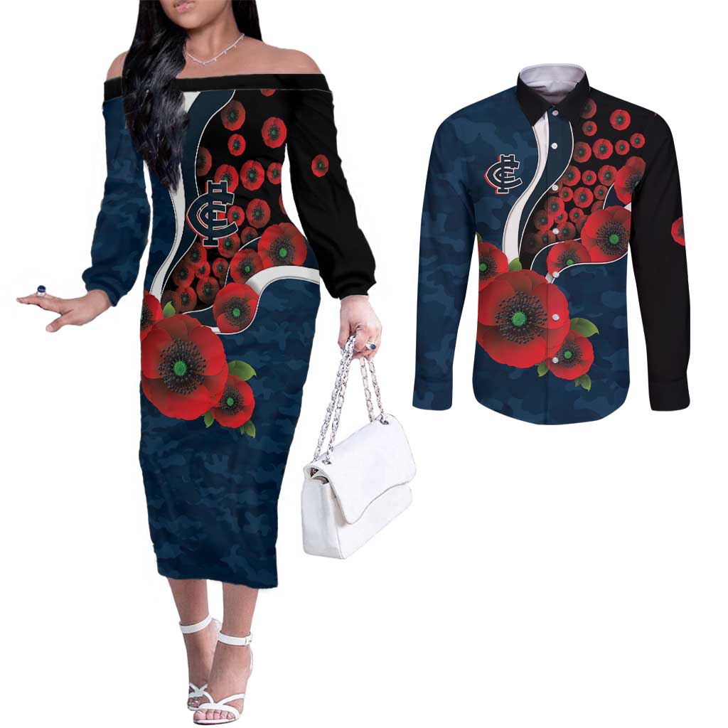 Carlton Blues ANZAC Personalised Couples Matching Off The Shoulder Long Sleeve Dress and Long Sleeve Button Shirt Lest We Forget Poppy Camo