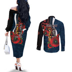 Carlton Blues ANZAC Personalised Couples Matching Off The Shoulder Long Sleeve Dress and Long Sleeve Button Shirt Lest We Forget Poppy Camo