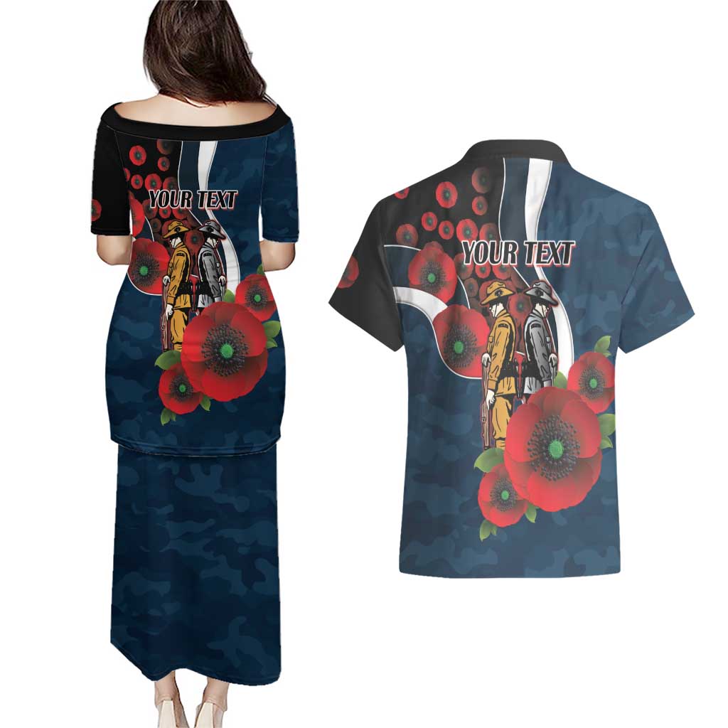 Carlton Blues ANZAC Personalised Couples Matching Puletasi and Hawaiian Shirt Lest We Forget Poppy Camo