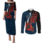 Carlton Blues ANZAC Personalised Couples Matching Puletasi and Long Sleeve Button Shirt Lest We Forget Poppy Camo