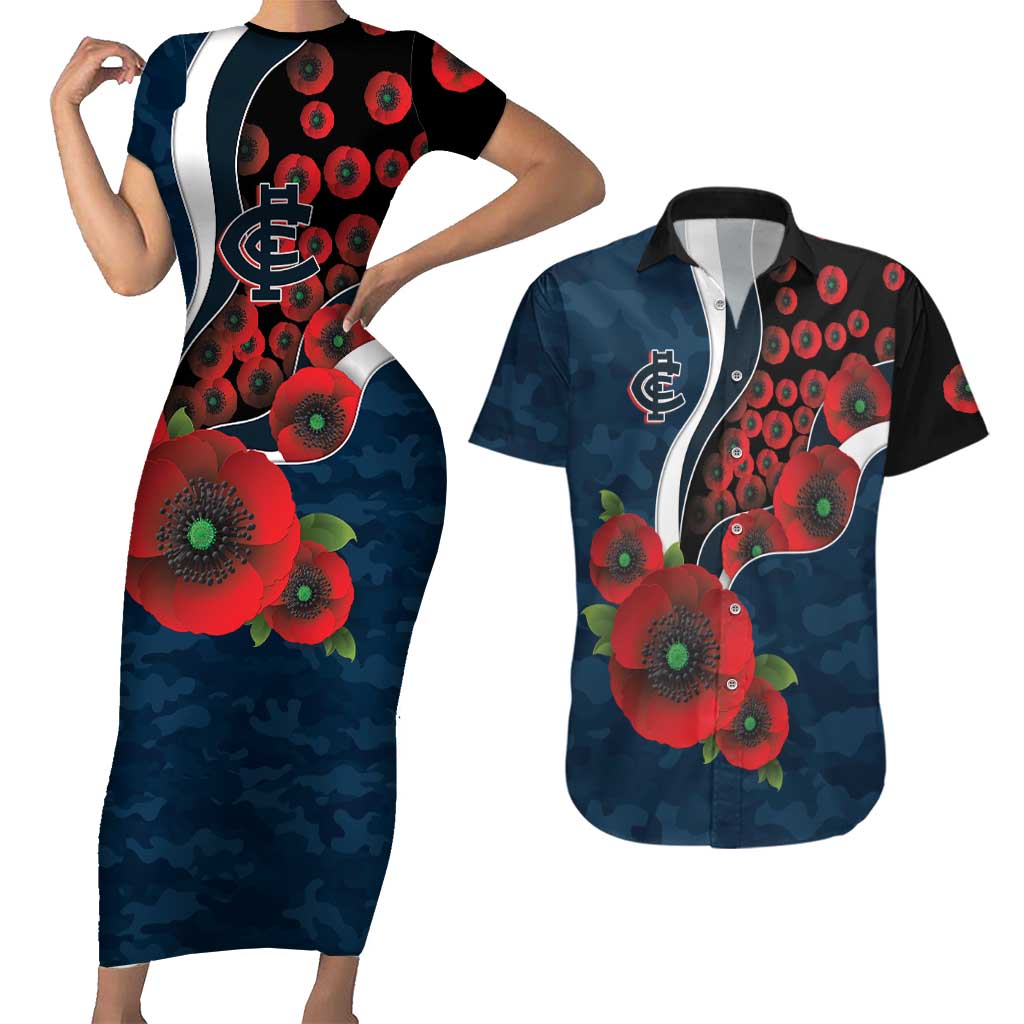 Carlton Blues ANZAC Personalised Couples Matching Short Sleeve Bodycon Dress and Hawaiian Shirt Lest We Forget Poppy Camo