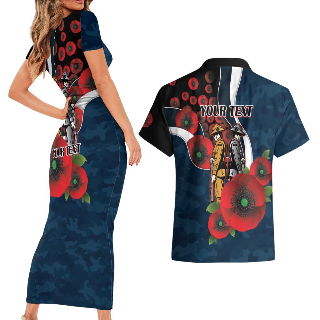 Carlton Blues ANZAC Personalised Couples Matching Short Sleeve Bodycon Dress and Hawaiian Shirt Lest We Forget Poppy Camo