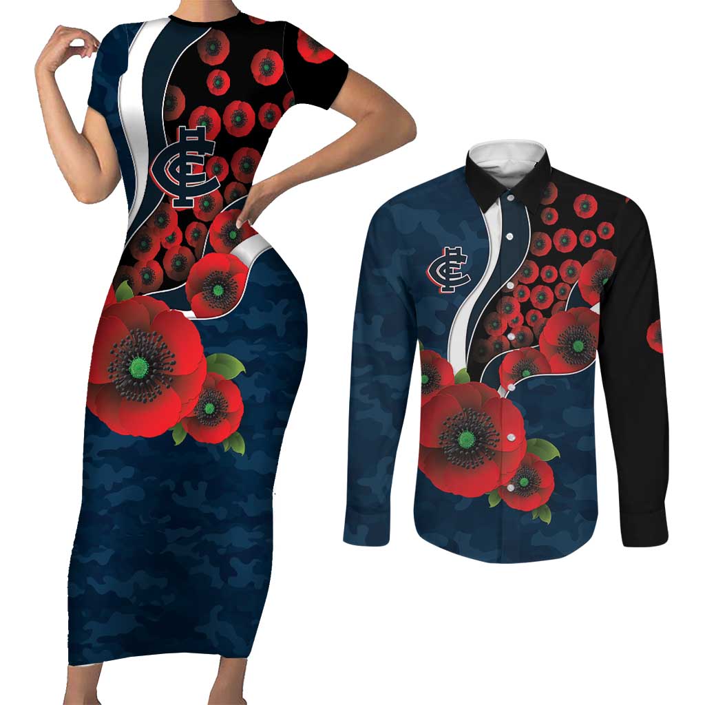 Carlton Blues ANZAC Personalised Couples Matching Short Sleeve Bodycon Dress and Long Sleeve Button Shirt Lest We Forget Poppy Camo
