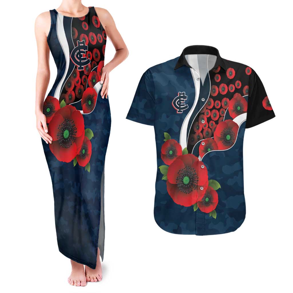 Carlton Blues ANZAC Personalised Couples Matching Tank Maxi Dress and Hawaiian Shirt Lest We Forget Poppy Camo
