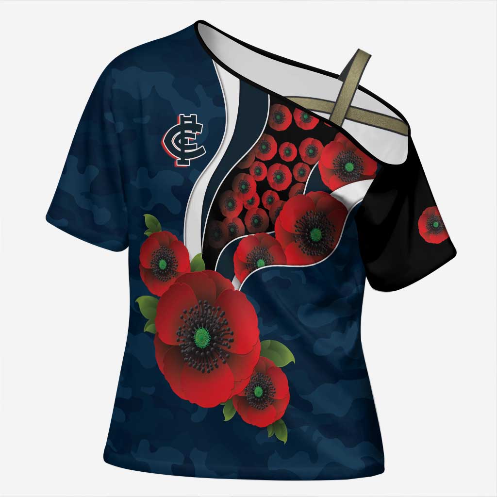 Carlton Blues ANZAC Personalised Cross Shoulder Shirt Lest We Forget Poppy Camo
