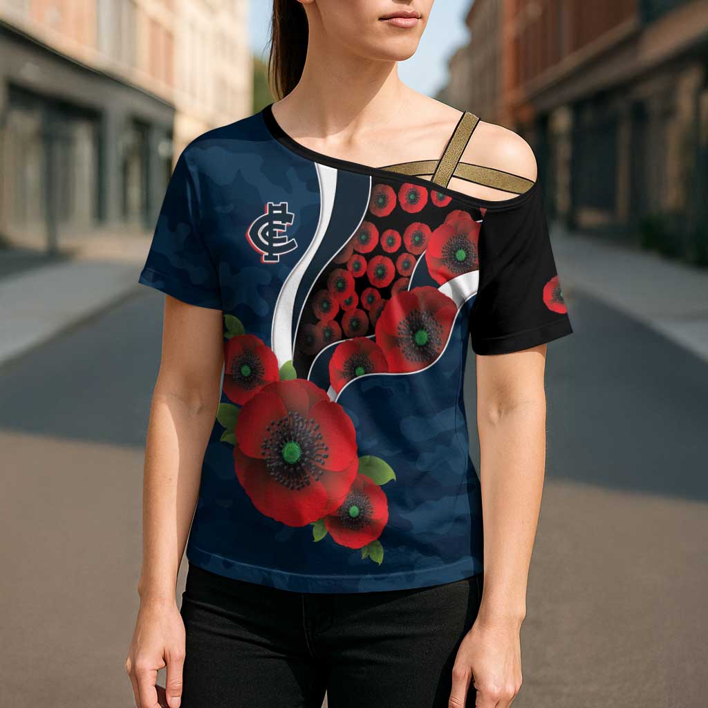 Carlton Blues ANZAC Personalised Cross Shoulder Shirt Lest We Forget Poppy Camo