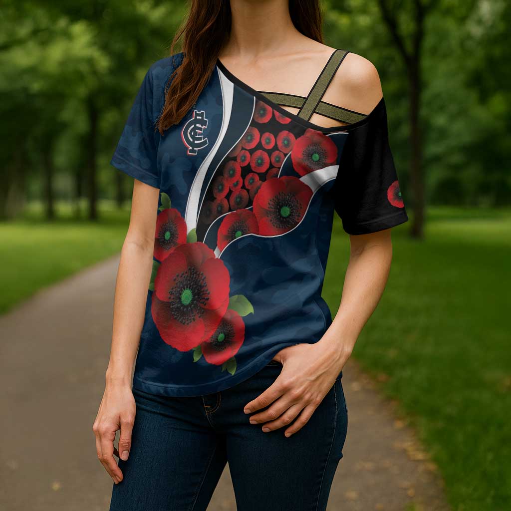 Carlton Blues ANZAC Personalised Cross Shoulder Shirt Lest We Forget Poppy Camo