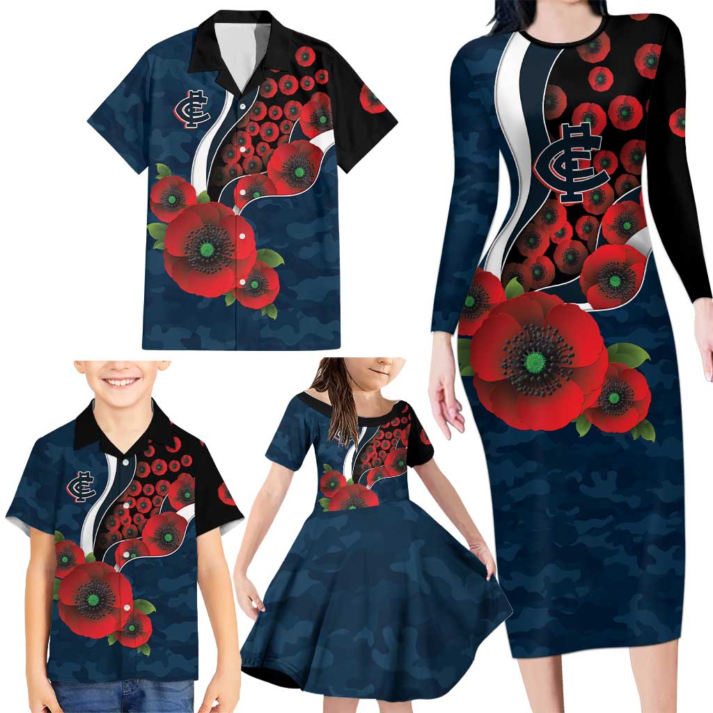 Carlton Blues ANZAC Personalised Family Matching Long Sleeve Bodycon Dress and Hawaiian Shirt Lest We Forget Poppy Camo