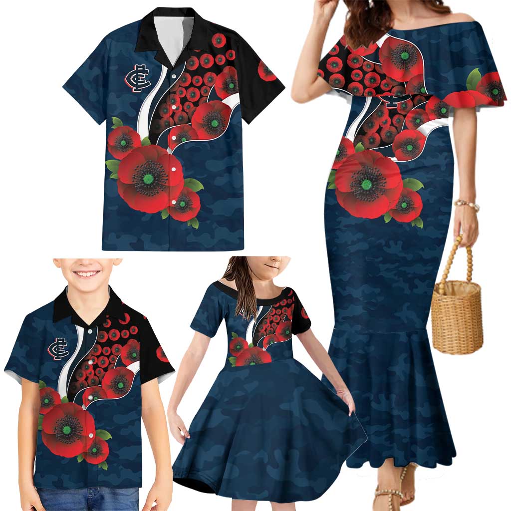 Carlton Blues ANZAC Personalised Family Matching Mermaid Dress and Hawaiian Shirt Lest We Forget Poppy Camo
