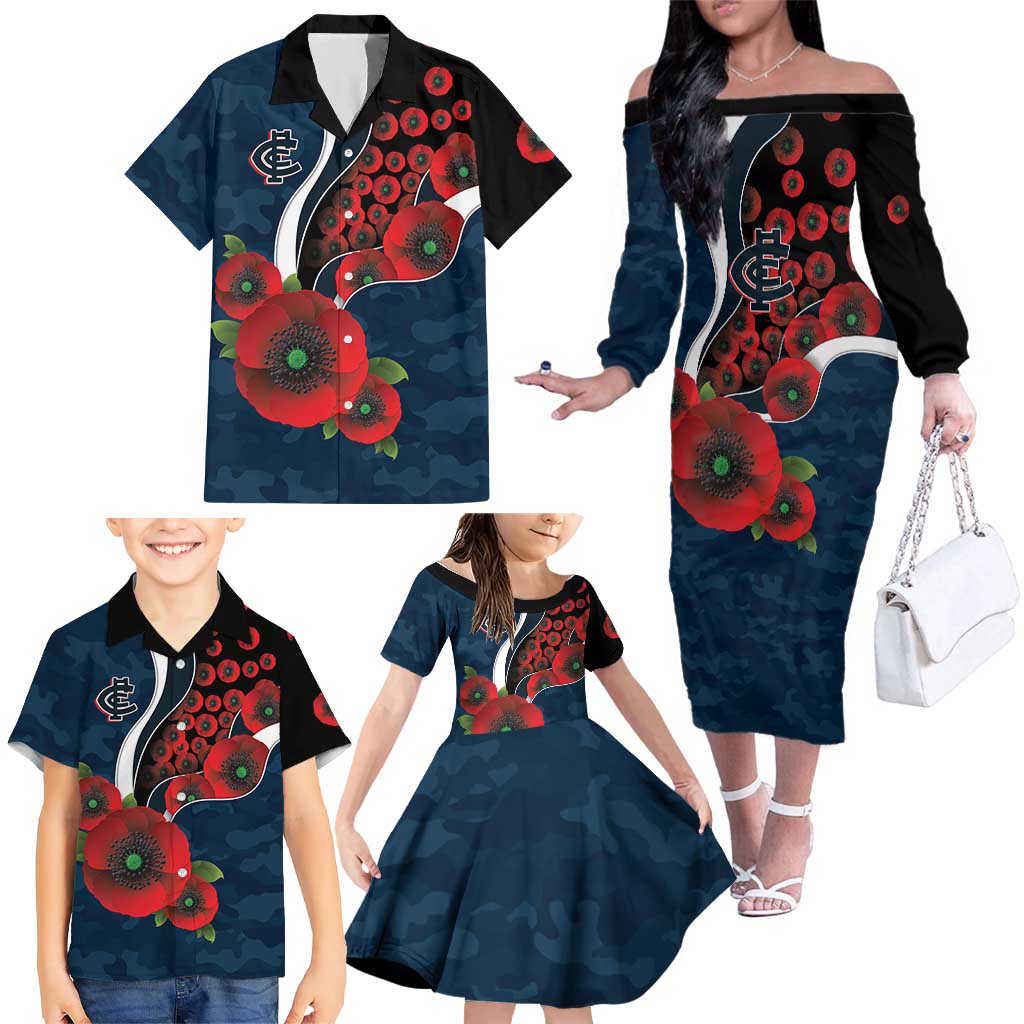 Carlton Blues ANZAC Personalised Family Matching Off The Shoulder Long Sleeve Dress and Hawaiian Shirt Lest We Forget Poppy Camo