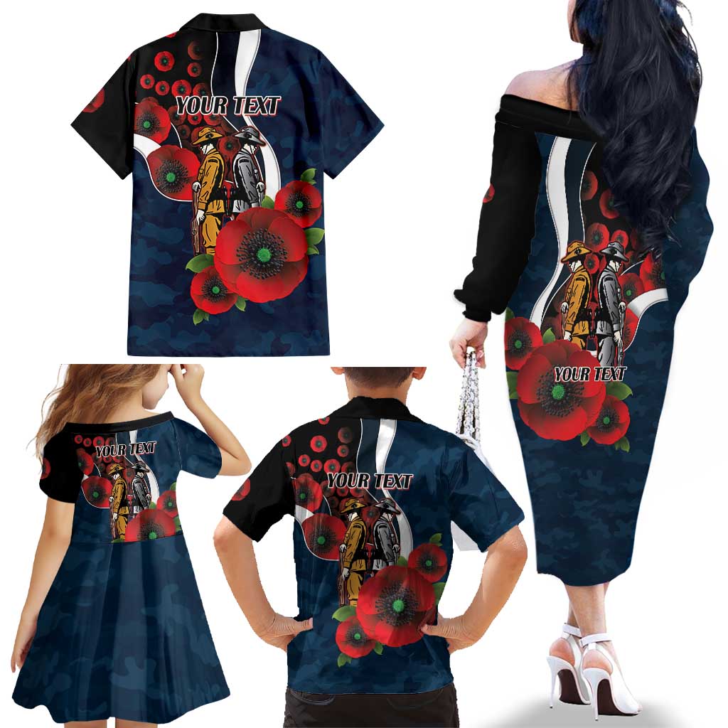 Carlton Blues ANZAC Personalised Family Matching Off The Shoulder Long Sleeve Dress and Hawaiian Shirt Lest We Forget Poppy Camo