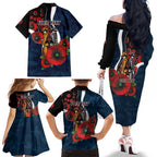 Carlton Blues ANZAC Personalised Family Matching Off The Shoulder Long Sleeve Dress and Hawaiian Shirt Lest We Forget Poppy Camo
