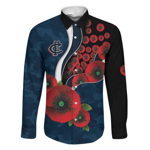 Carlton Blues ANZAC Personalised Family Matching Off Shoulder Maxi Dress and Hawaiian Shirt Lest We Forget Poppy Camo