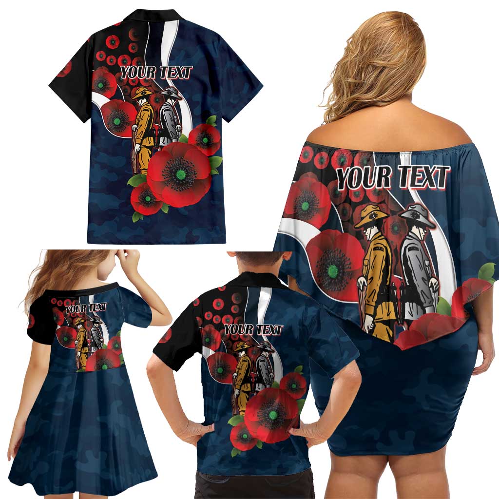 Carlton Blues ANZAC Personalised Family Matching Off Shoulder Short Dress and Hawaiian Shirt Lest We Forget Poppy Camo