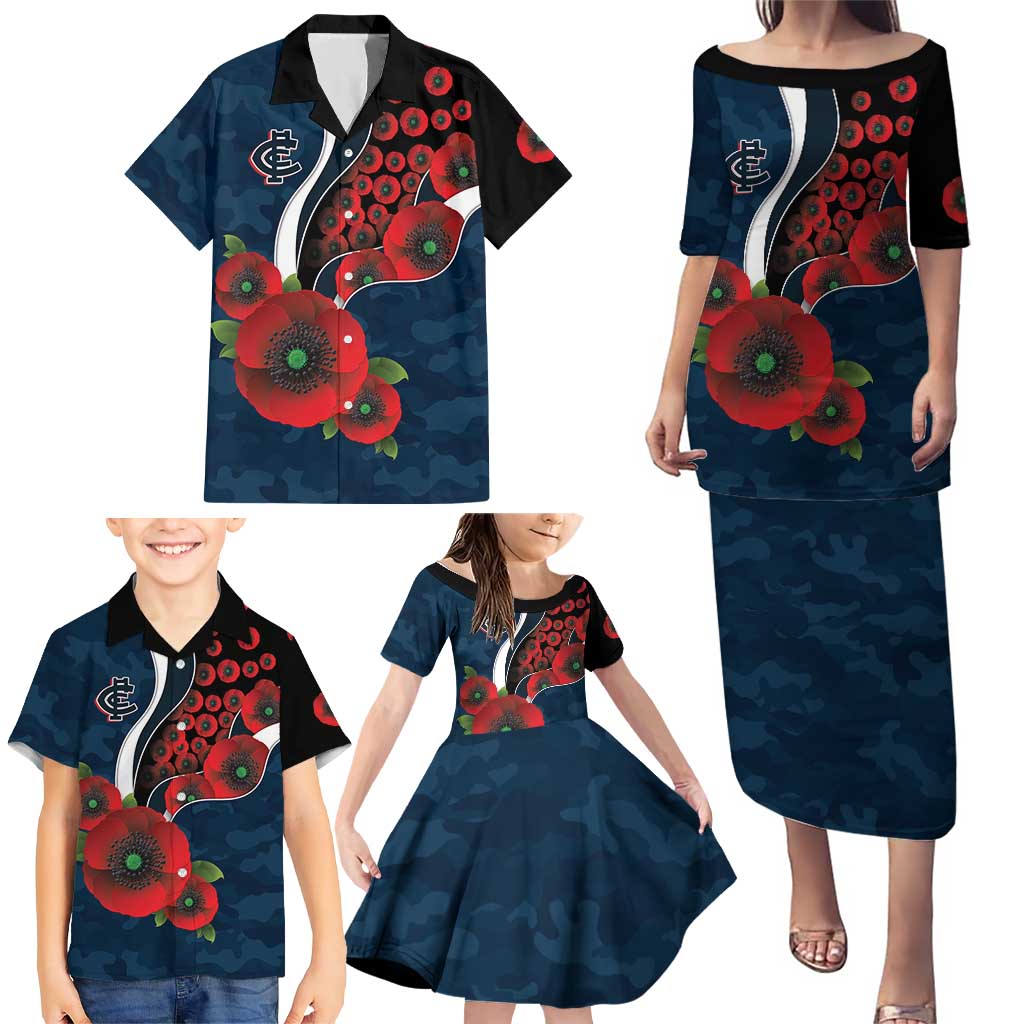 Carlton Blues ANZAC Personalised Family Matching Puletasi and Hawaiian Shirt Lest We Forget Poppy Camo
