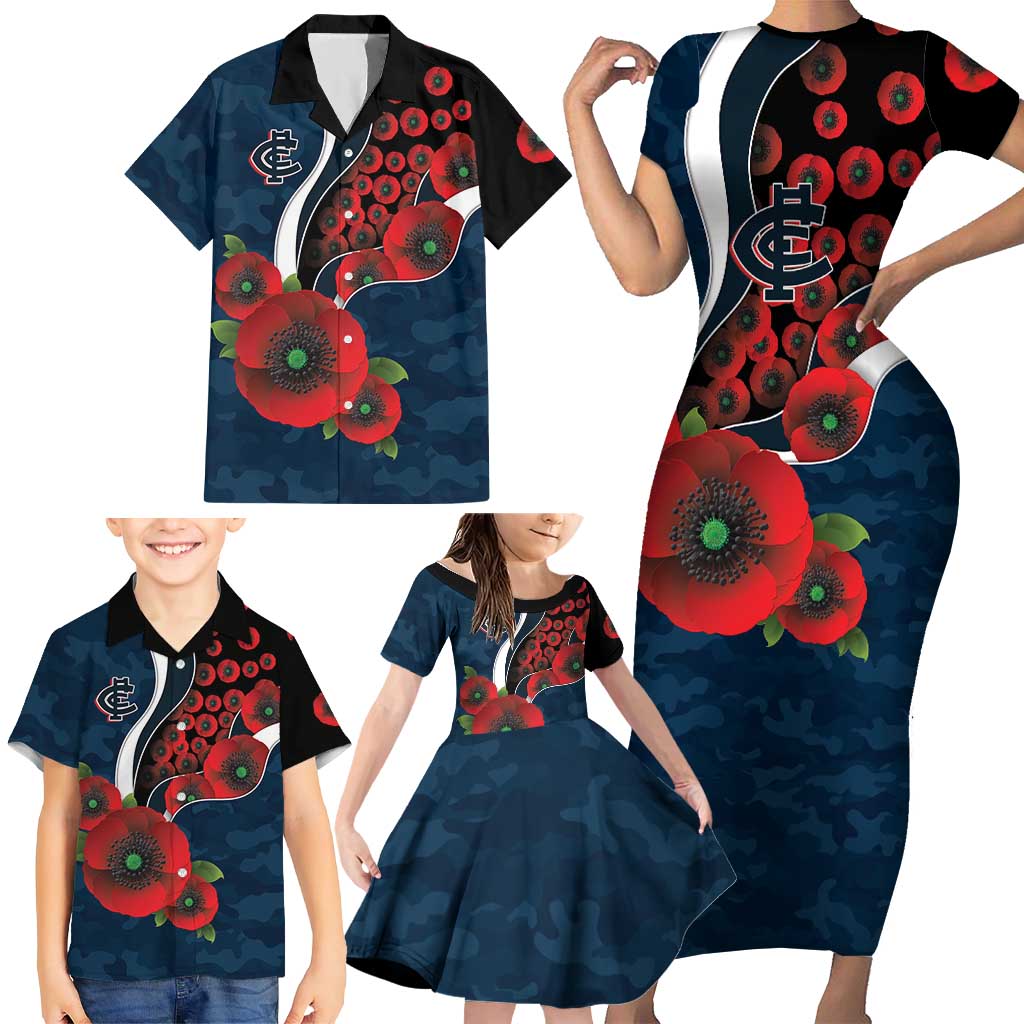 Carlton Blues ANZAC Personalised Family Matching Short Sleeve Bodycon Dress and Hawaiian Shirt Lest We Forget Poppy Camo