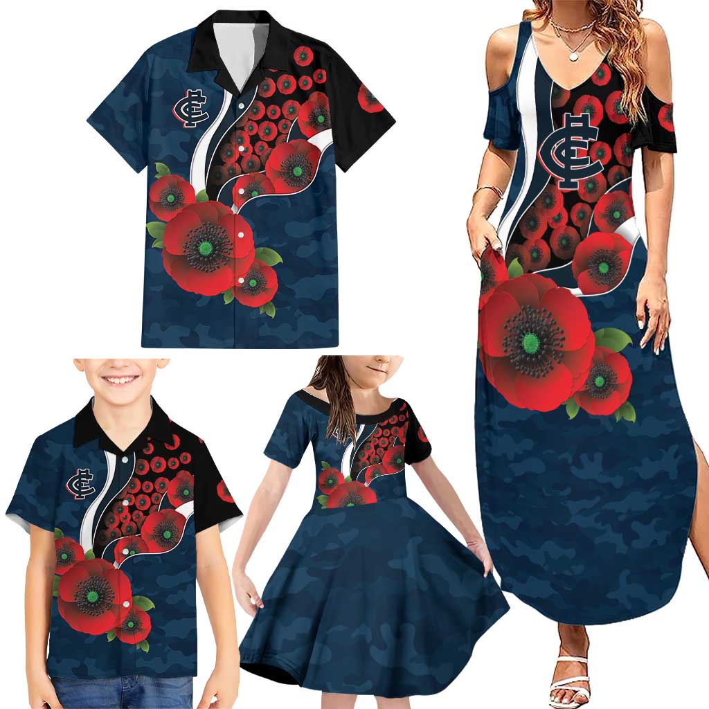 Carlton Blues ANZAC Personalised Family Matching Summer Maxi Dress and Hawaiian Shirt Lest We Forget Poppy Camo