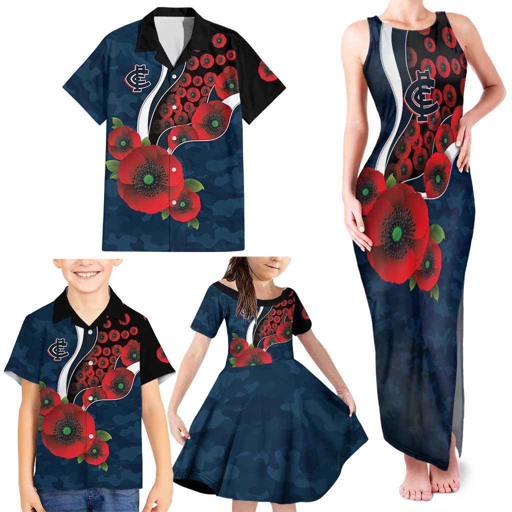 Carlton Blues ANZAC Personalised Family Matching Tank Maxi Dress and Hawaiian Shirt Lest We Forget Poppy Camo