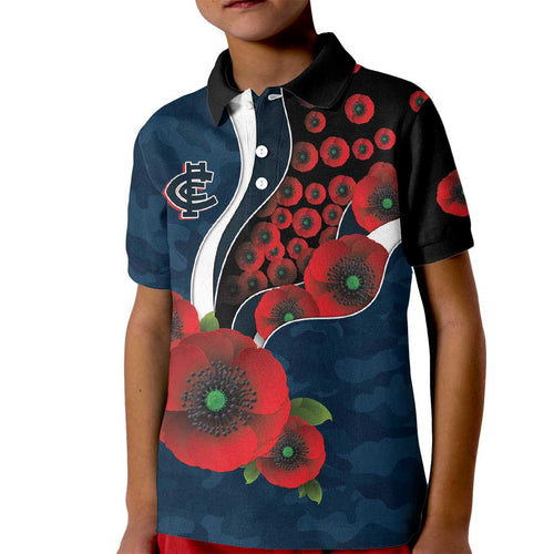 Carlton Blues ANZAC Personalised Kid Polo Shirt Lest We Forget Poppy Camo