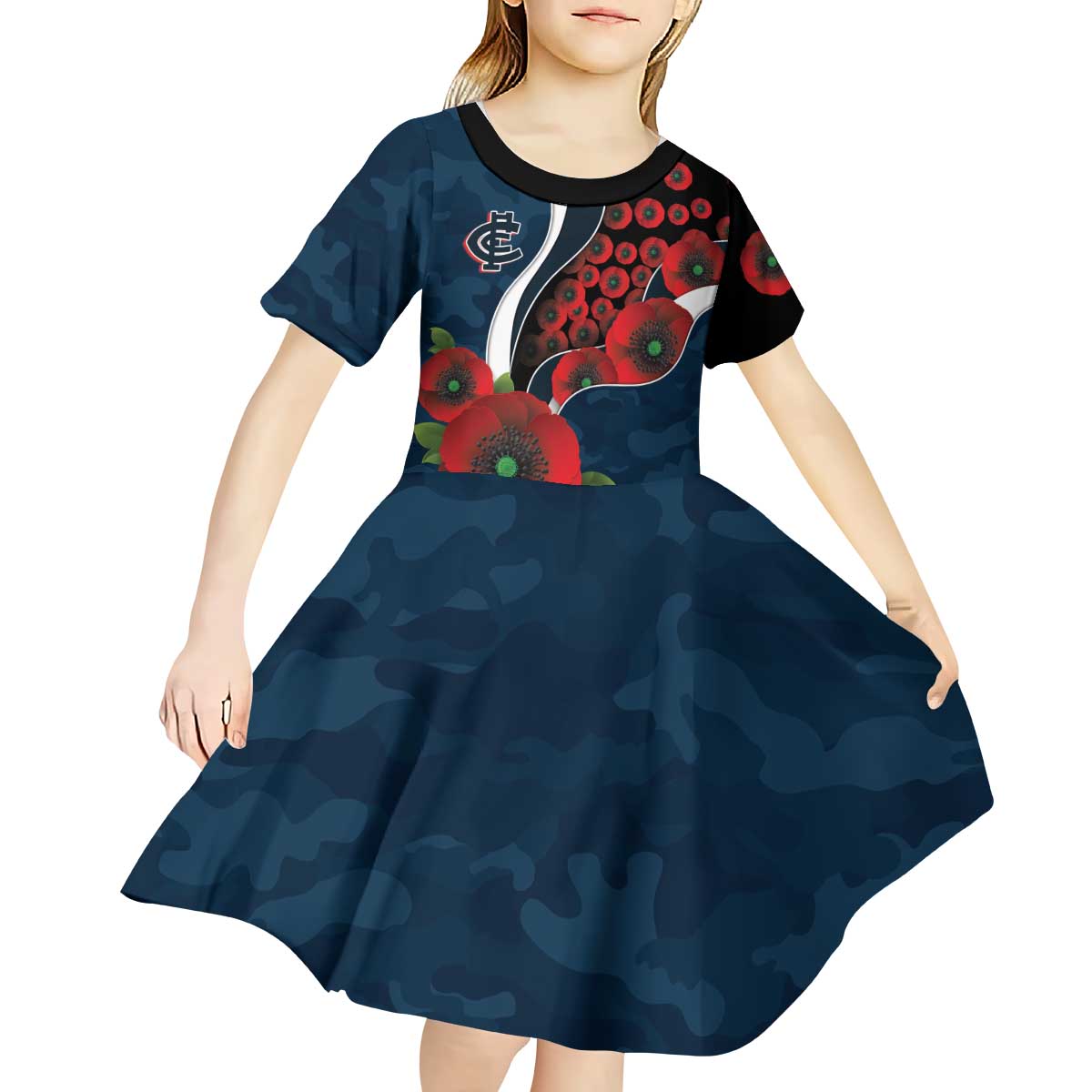 Carlton Blues ANZAC Personalised Kid Short Sleeve Dress Lest We Forget Poppy Camo