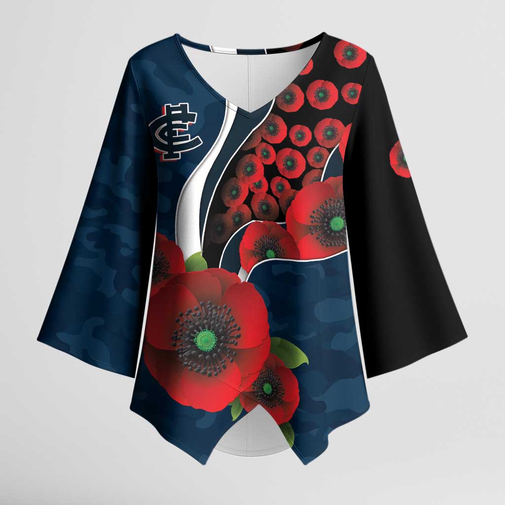 Carlton Blues ANZAC Personalised Kimono Sleeve Blouse Lest We Forget Poppy Camo
