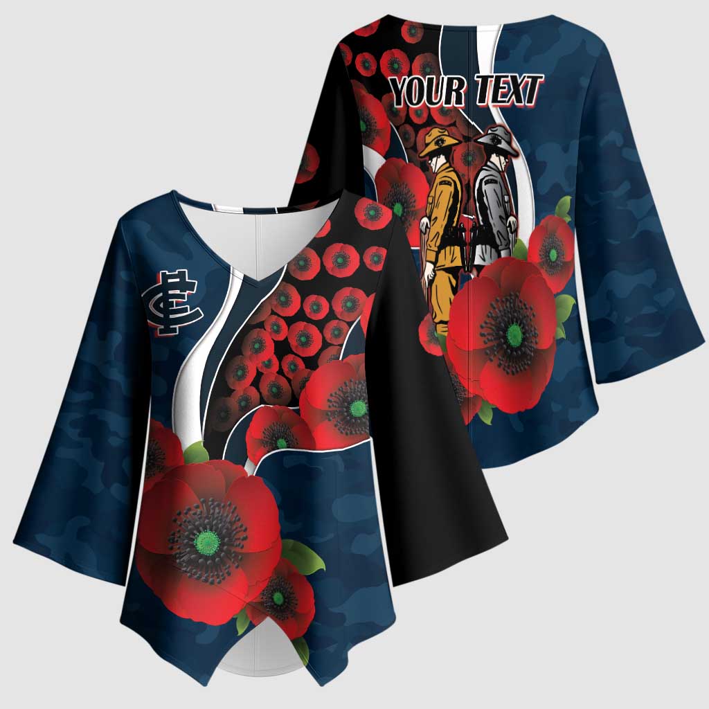 Carlton Blues ANZAC Personalised Kimono Sleeve Blouse Lest We Forget Poppy Camo