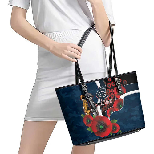 Carlton Blues ANZAC Personalised Leather Tote Bag Lest We Forget Poppy Camo
