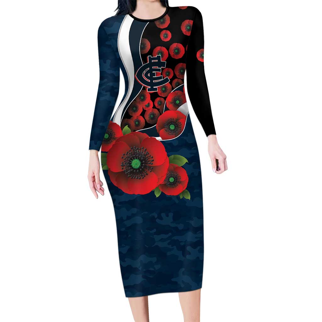 Carlton Blues ANZAC Personalised Long Sleeve Bodycon Dress Lest We Forget Poppy Camo