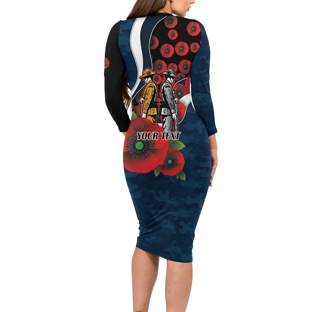 Carlton Blues ANZAC Personalised Long Sleeve Bodycon Dress Lest We Forget Poppy Camo