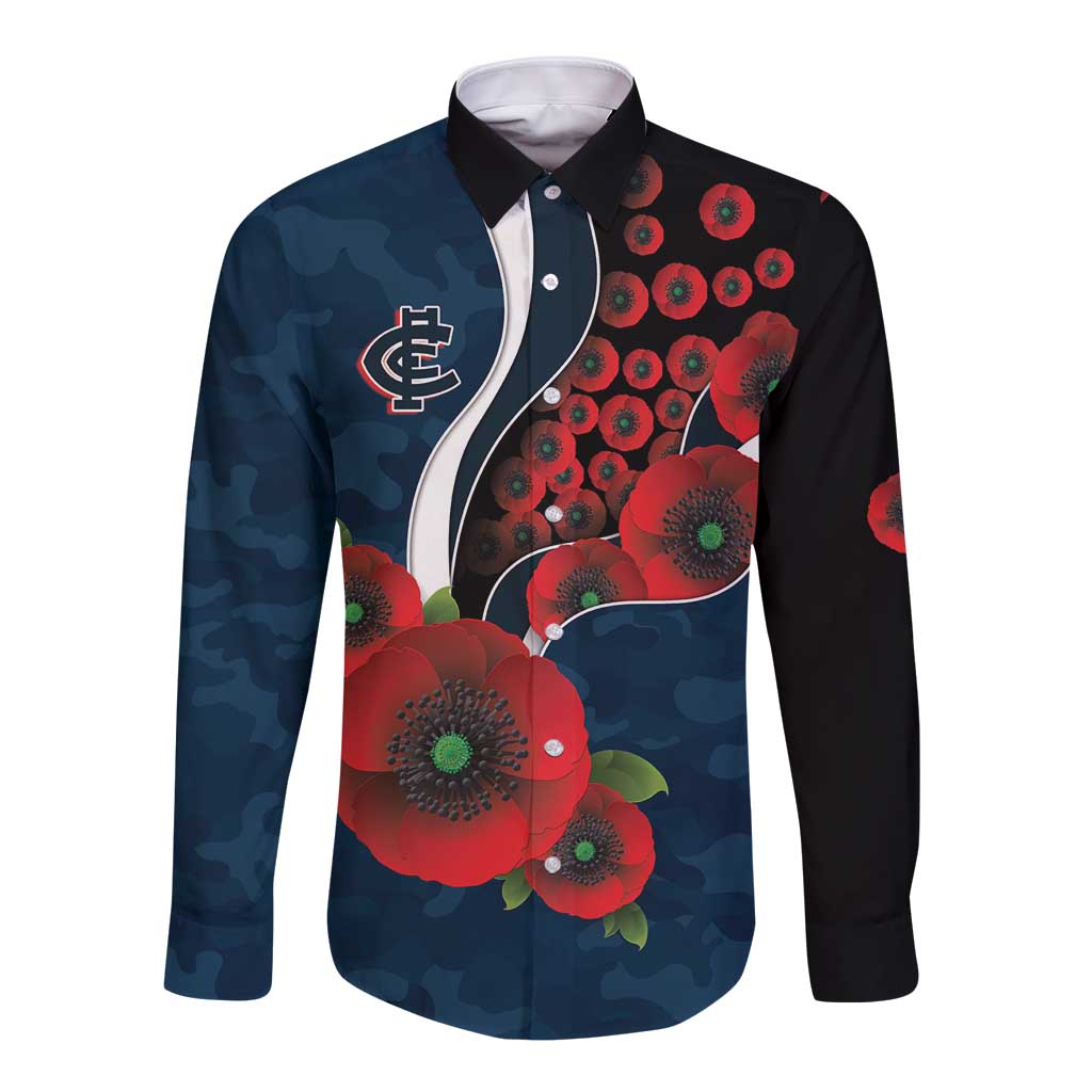 Carlton Blues ANZAC Personalised Long Sleeve Button Shirt Lest We Forget Poppy Camo