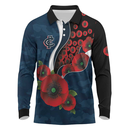 Carlton Blues ANZAC Personalised Long Sleeve Polo Shirt Lest We Forget Poppy Camo