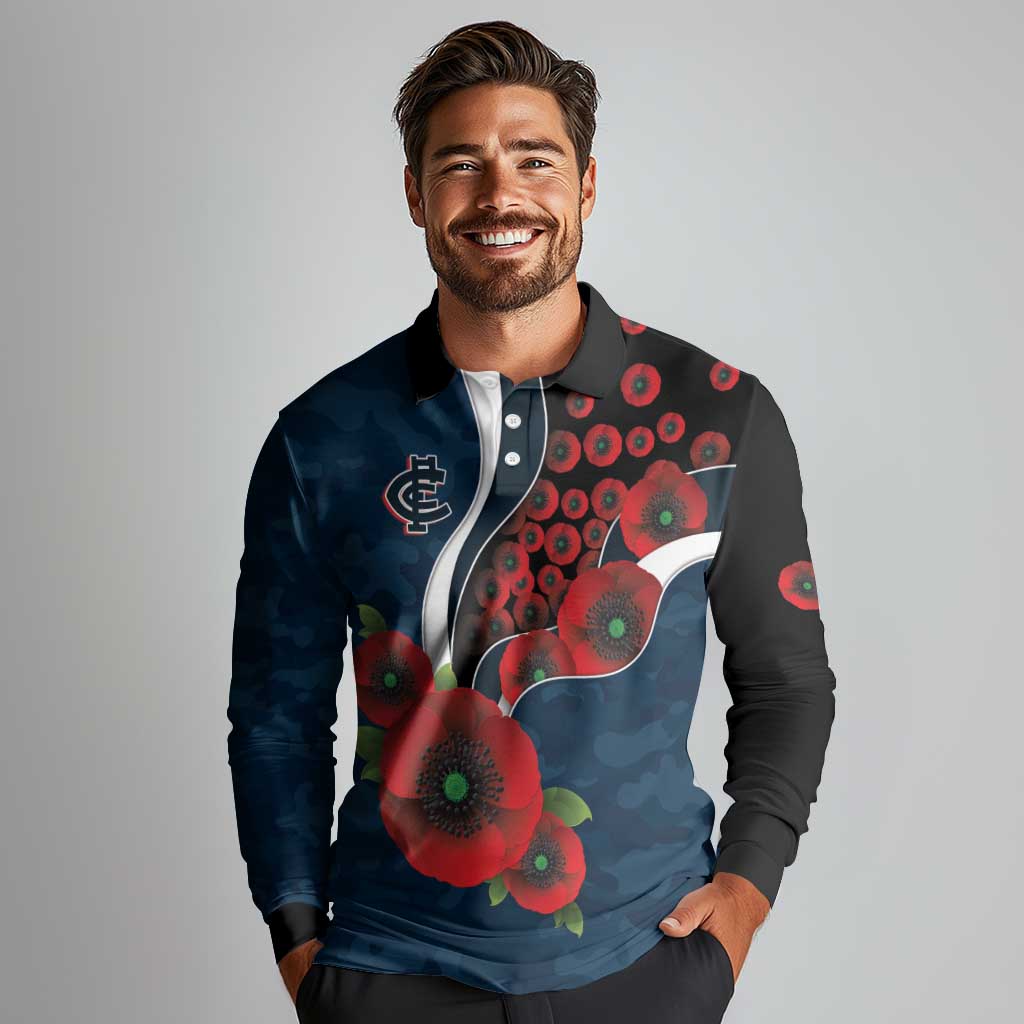 Carlton Blues ANZAC Personalised Long Sleeve Polo Shirt Lest We Forget Poppy Camo