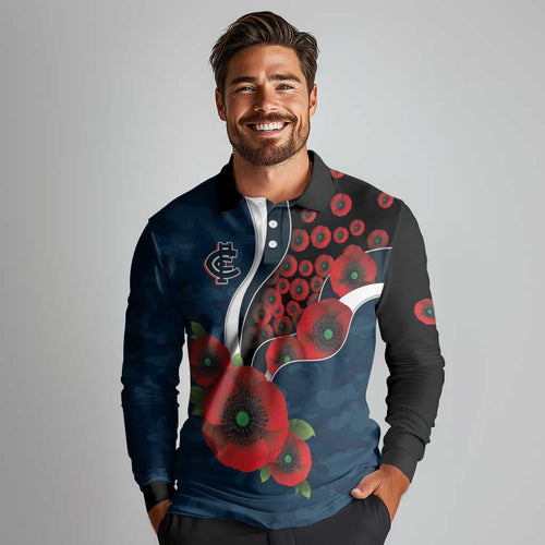 Carlton Blues ANZAC Personalised Long Sleeve Polo Shirt Lest We Forget Poppy Camo