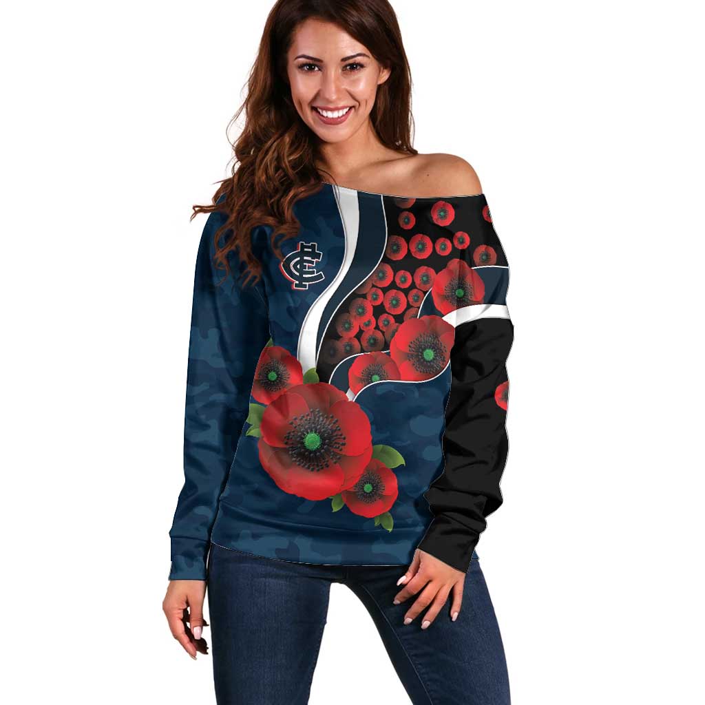 Carlton Blues ANZAC Personalised Off Shoulder Sweater Lest We Forget Poppy Camo