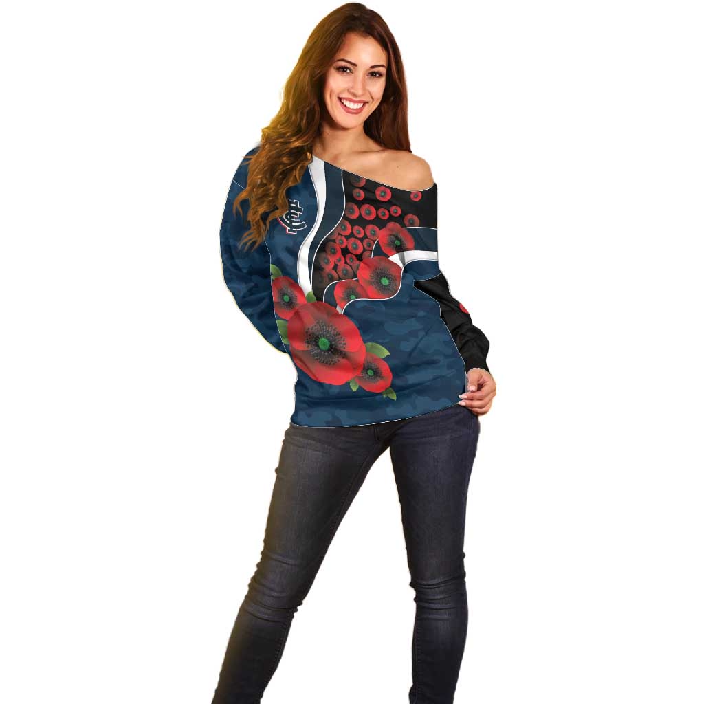 Carlton Blues ANZAC Personalised Off Shoulder Sweater Lest We Forget Poppy Camo