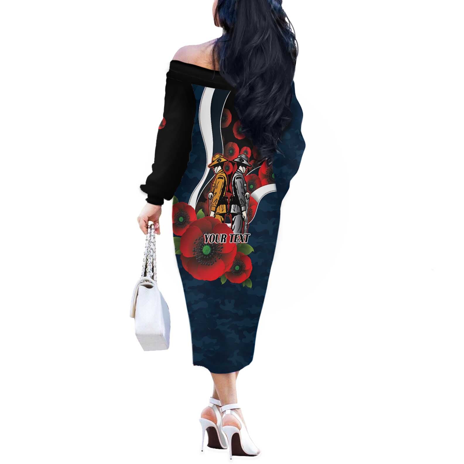 Carlton Blues ANZAC Personalised Off The Shoulder Long Sleeve Dress Lest We Forget Poppy Camo