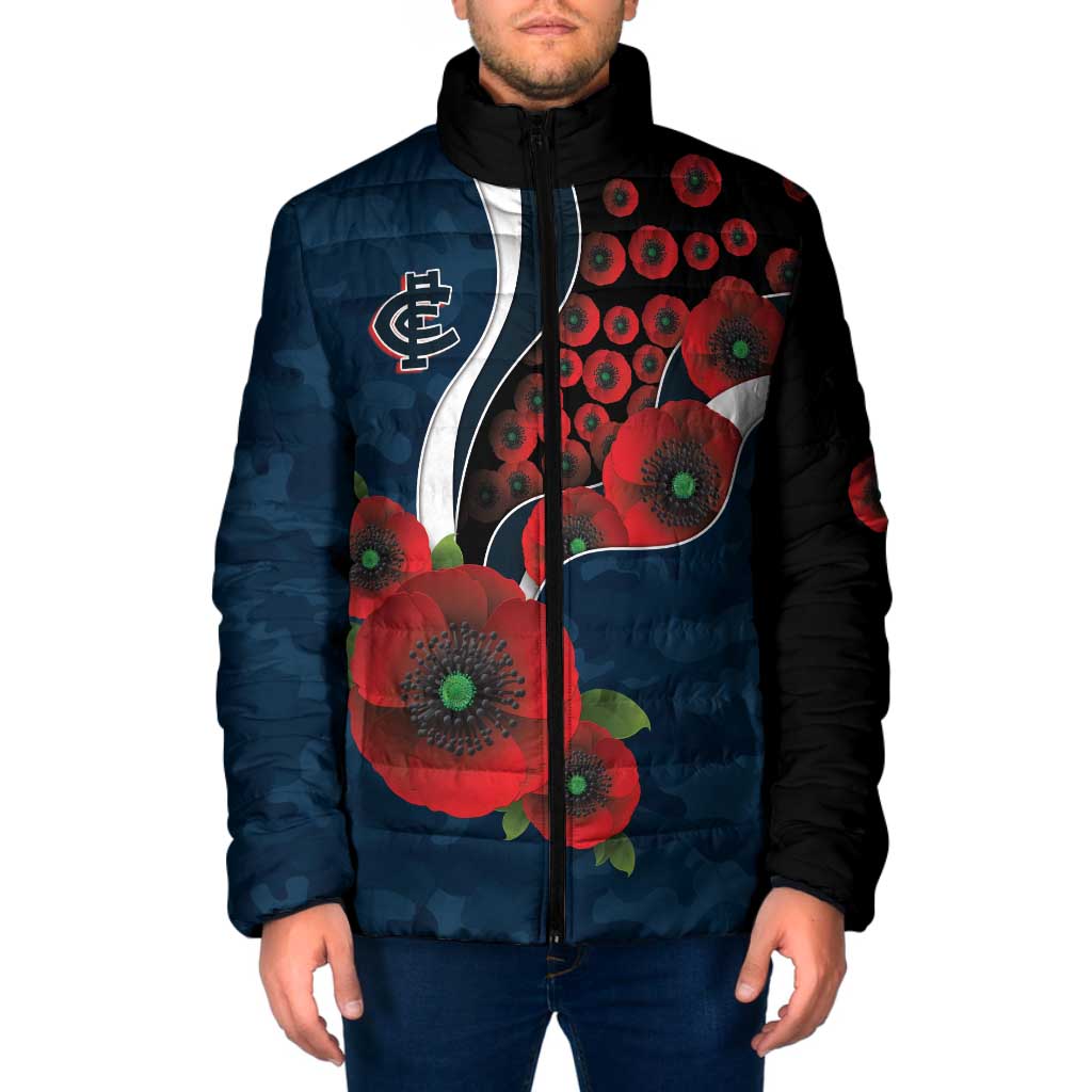 Carlton Blues ANZAC Personalised Padded Jacket Lest We Forget Poppy Camo