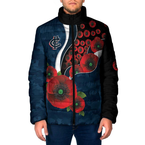Carlton Blues ANZAC Personalised Padded Jacket Lest We Forget Poppy Camo