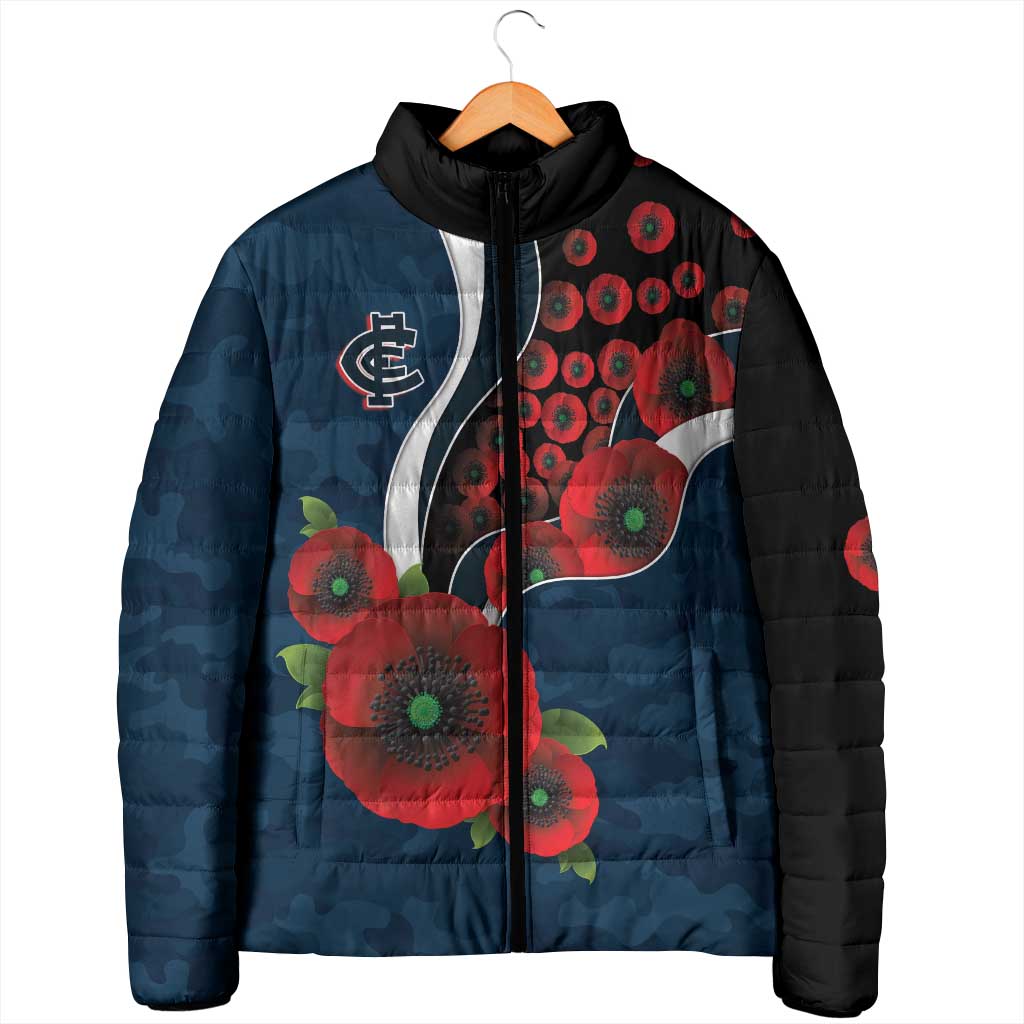 Carlton Blues ANZAC Personalised Padded Jacket Lest We Forget Poppy Camo