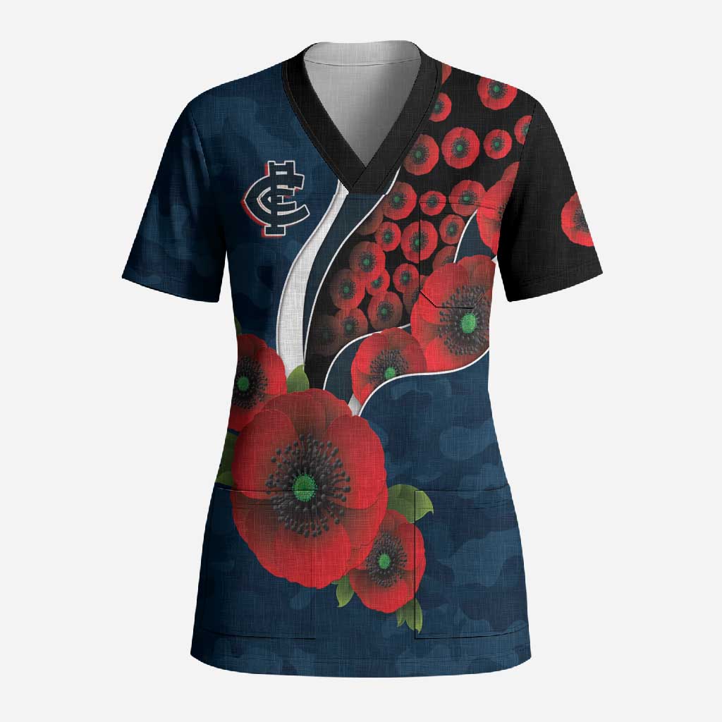 Carlton Blues ANZAC Personalised Scrub Top Lest We Forget Poppy Camo