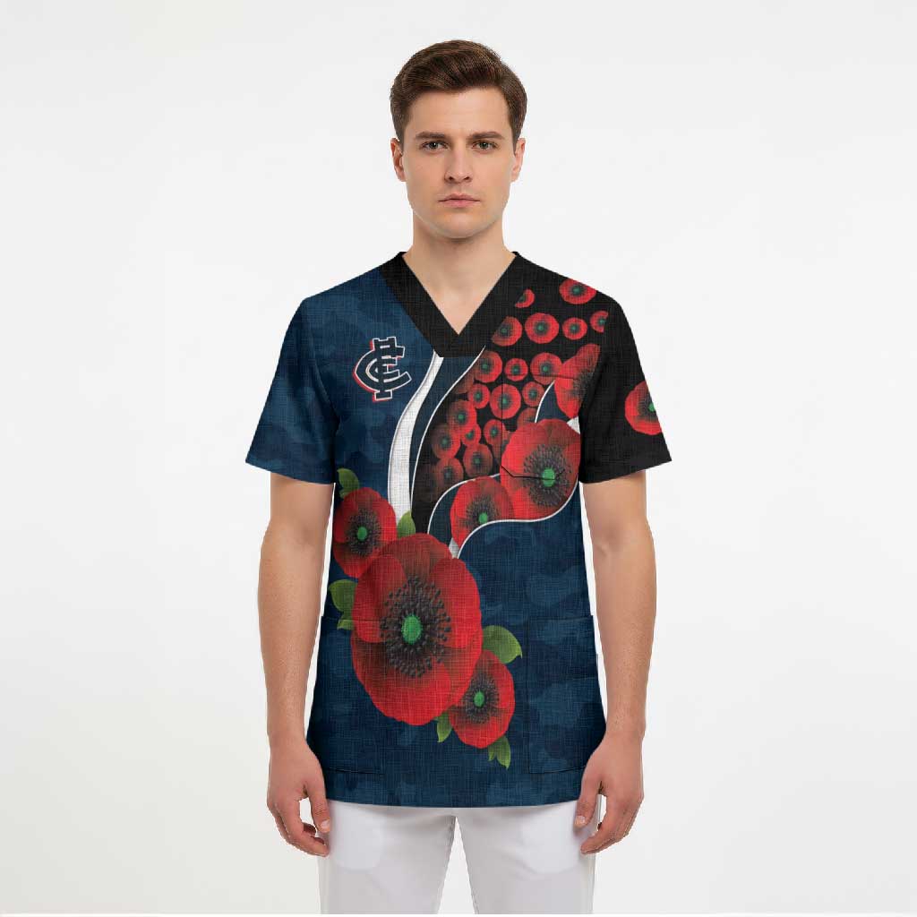 Carlton Blues ANZAC Personalised Scrub Top Lest We Forget Poppy Camo