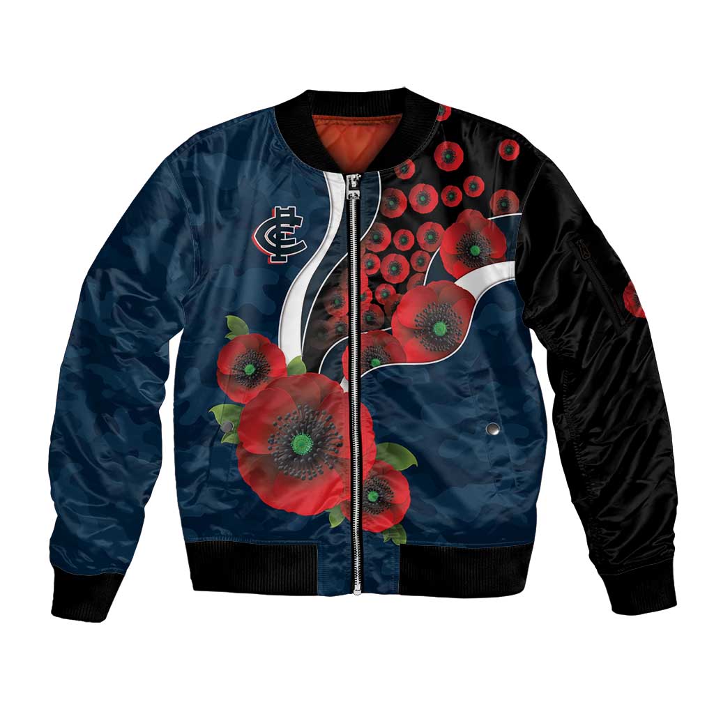 Carlton Blues ANZAC Personalised Sleeve Zip Bomber Jacket Lest We Forget Poppy Camo