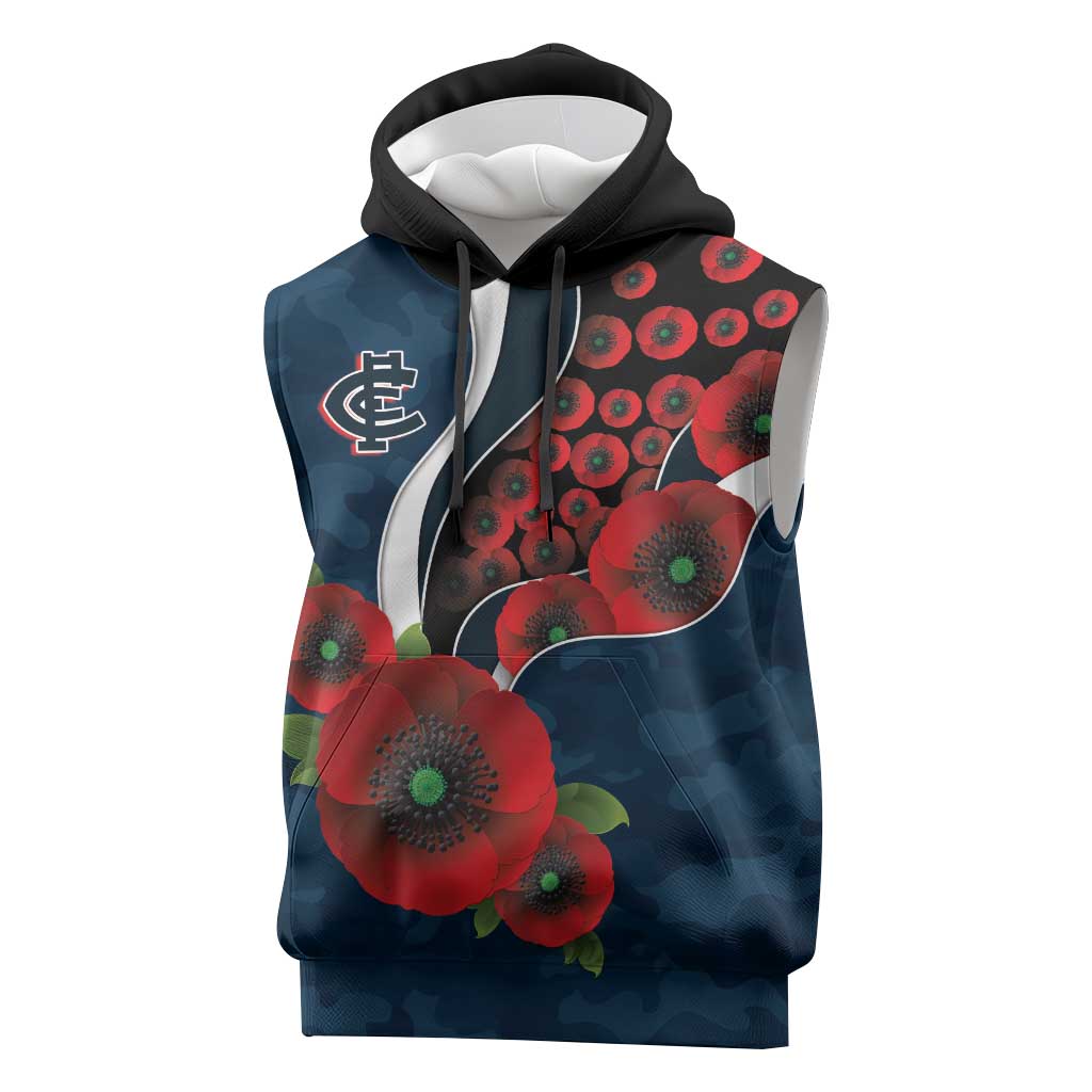 Carlton Blues ANZAC Personalised Sleeveless Hoodie Lest We Forget Poppy Camo