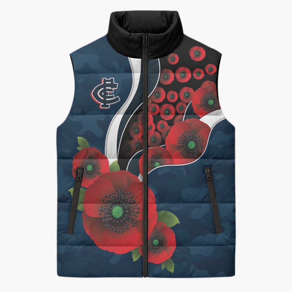 Carlton Blues ANZAC Personalised Sleeveless Puffer Jacket Lest We Forget Poppy Camo